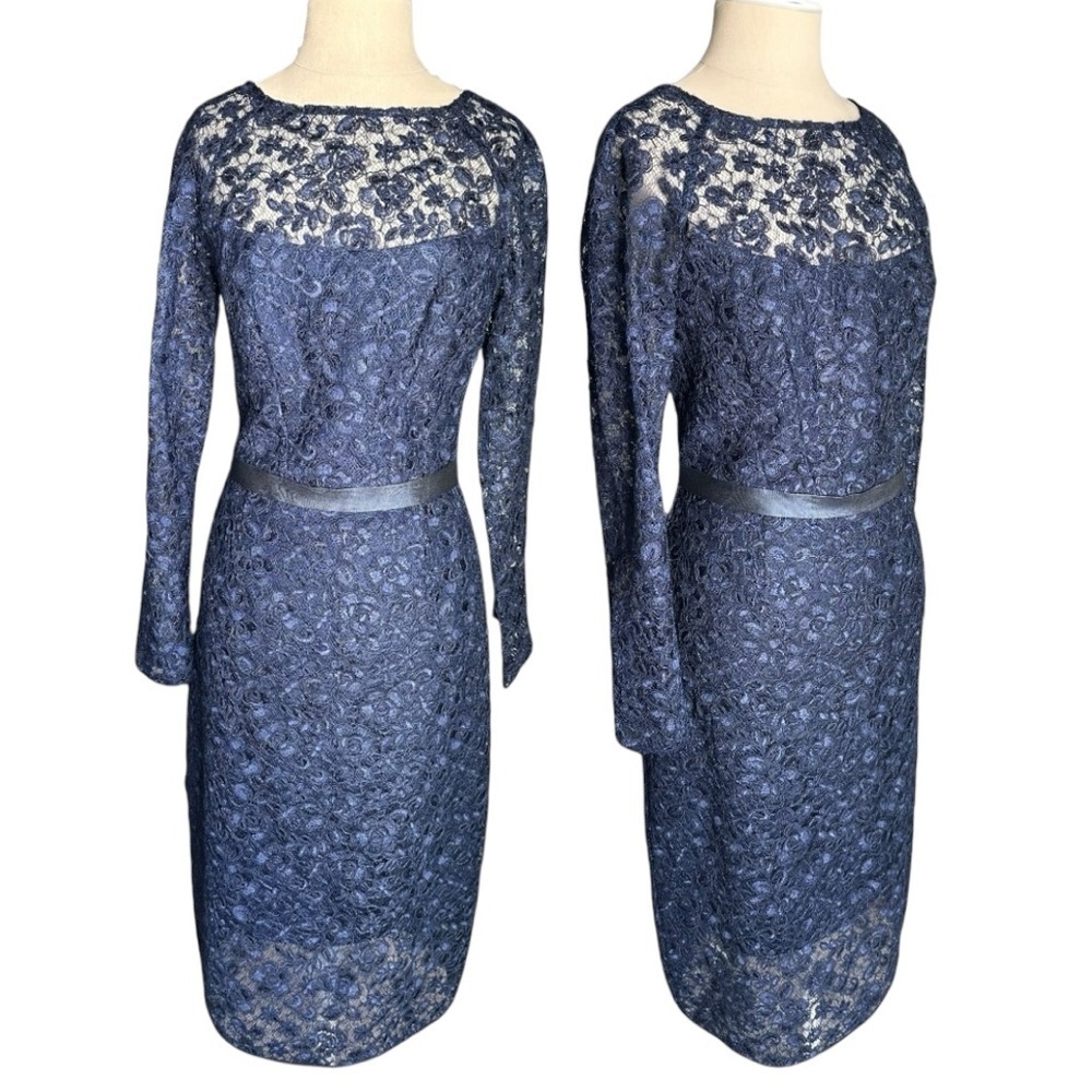 Monique Lhuillier Stunning Blue Lace Midi Cocktail Party Dress